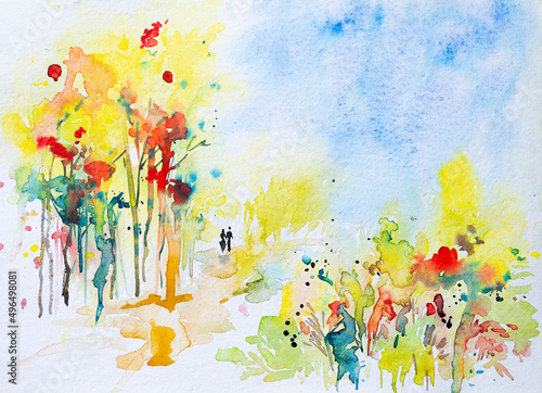 Nice watercolor painting of spring, Krishnachura tree red flowers on full bloom, man and woman walking holding hands. Hand painted watercolor illustration of love in springtime. photo
