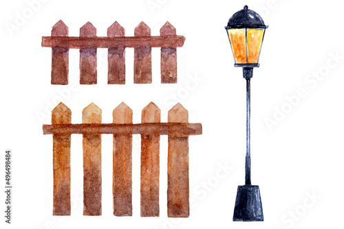 Watercolor drawing of board fence and street light isolated on the white background. Hand painted illustration.