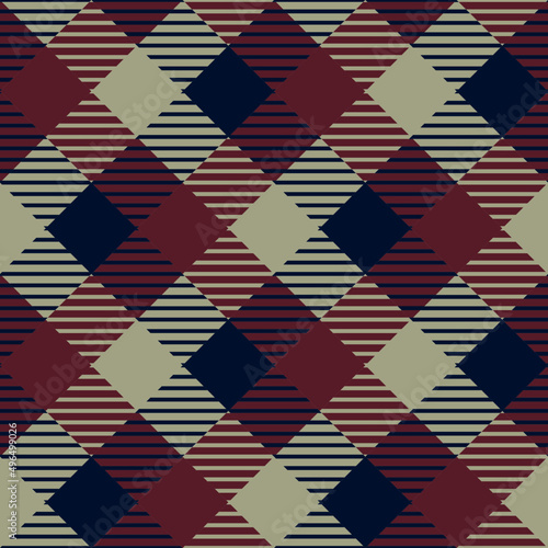 Navy blue, burgundy red and khaki tan plaid pattern, repeatable and seamless
