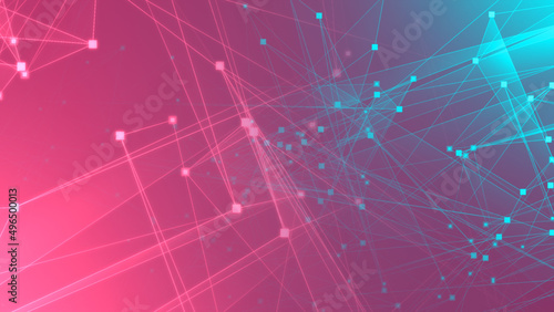 Abstract pink green polygon tech network with connect technology background. Abstract dots and lines texture background. 3d rendering.