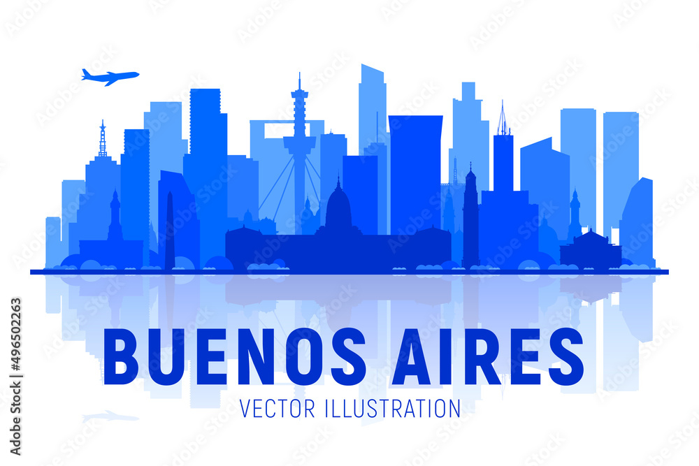 Buenos Aires ( Argentina ) skyline silhouette with panorama in white background. Vector Illustration. Business travel and tourism concept with modern buildings. Image for presentation, banner, web