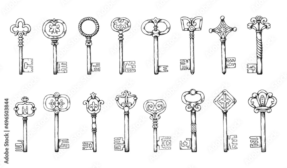 Mediaeval keys. Hand drawn antique sketch elements. Retro door opener types. Lock access. Home privacy and secure. Old safe passkeys. House protection. Vector vintage latchkeys set Mediaeval keys. Hand drawn antique sketch elements. Retro door opener types. Lock access. Home privacy and secure. Old safe passkeys. House protection. Vector vintage latchkeys set