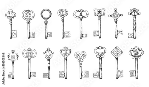 Mediaeval keys. Hand drawn antique sketch elements. Retro door opener types. Lock access. Home privacy and secure. Old safe passkeys. House protection. Vector vintage latchkeys set