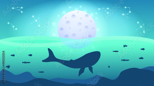 Abstract Blue Underwater Ocean Sea Nature Background Vector With Fishes, Constellations And Moon Vector Design Style