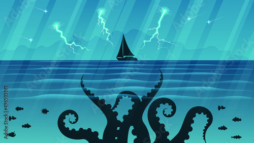 Abstract Blue Underwater Ocean Sea Nature Background Vector With Fishes, Tentacles, Lightning And Ship Vector Design Style