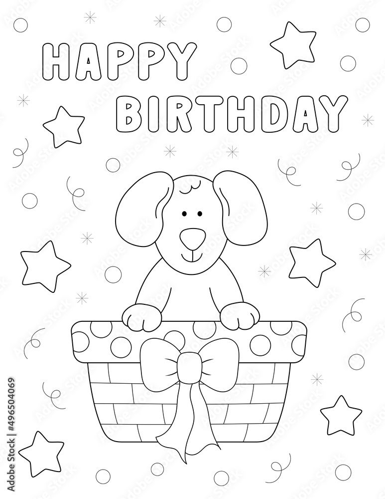 happy birthday coloring page with a cute dog in a gift basket. black ...