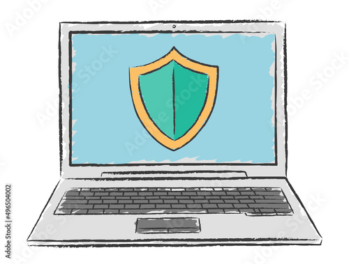 Hand drawn doodle vector illustration of antivirus shield protection app on laptop screen.