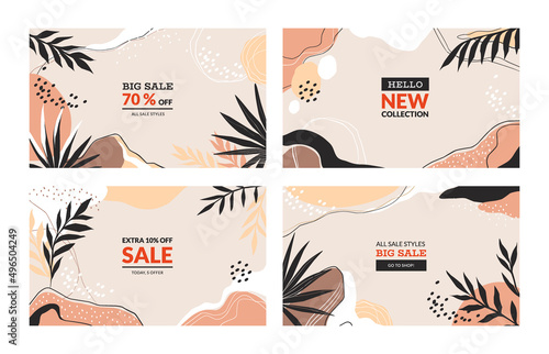 Abstract organic banners. Minimalistic posters with floristic doodle shapes. Sale or new collection flyers. Palm leave silhouettes. Spots and lines. Vector shopping advertising cards set