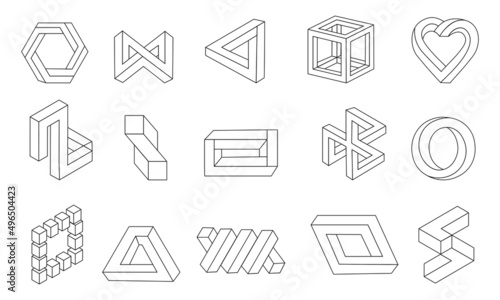 Line impossible shapes. Optical illusion collection. Visual perception delusion. Looped unreal forms. Black and white abstract infinite symbols. Vector outline geometric figures set