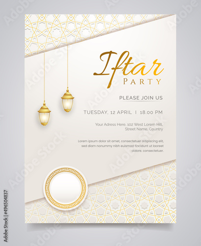 White luxury islamic iftar invitation with decorative ornament pattern and lantern Premium Vector	
