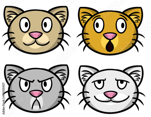 Collection of colorful cute cats, emotions of cats with different colors, muzzles of cats with different emotions