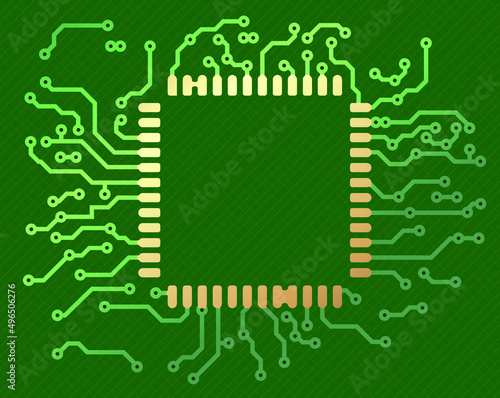 Realistic vector illustration of PCB board in green and golden tones with holes in the circuit board and gold contact pads