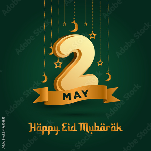 2 May Eid al-fitr day poster or banner with moon and star decoration on emerald green background photo