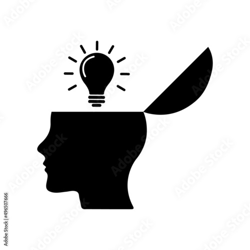 Open mind icon. Creative thinking symbol isolated on white background. Vector illustration of human head with light bulb. Think outside the box, great idea, brainstorm concept.