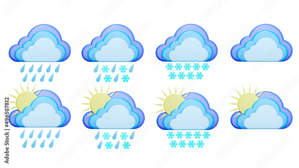 set of 3d cloud icon with sun, rain and snow. 3d rendering. Design for weather forecast. set of 3d cloud icon with sun, rain and snow. 3d rendering. Design for weather forecast.