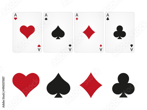 Four playing cards and symbols. Playing card suits icon set. Vector isolated on white.