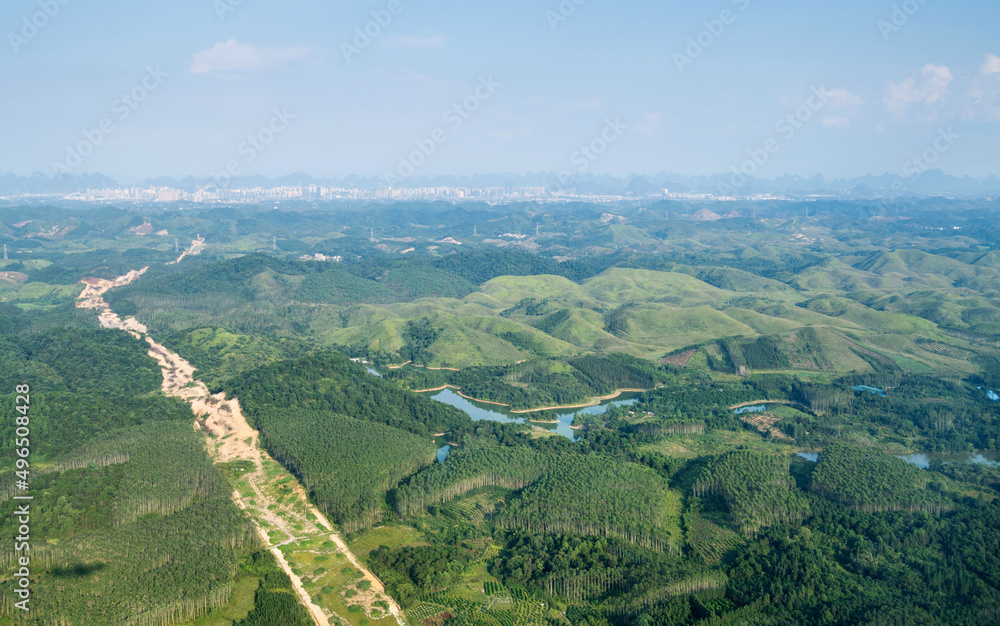 Aerial view over the rural landscape in guangxi China