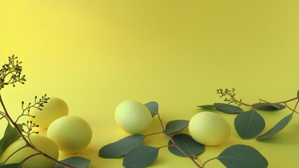 Easter egg bottom border with eucalyptus leaves. Spring holiday banner background with copy space.