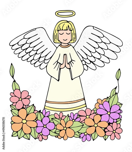 An angel prays for peace. Holy Guardian Angel in the Garden of Eden. Religious symbol. Kindness, love. Hand drawn vector flat art illustration. Contour line. Ready to use cards.