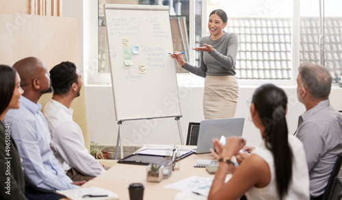 Thats exactly right. Cropped shot of an attractive young businesswoman giving a presentation during a meeting in the boardroom.