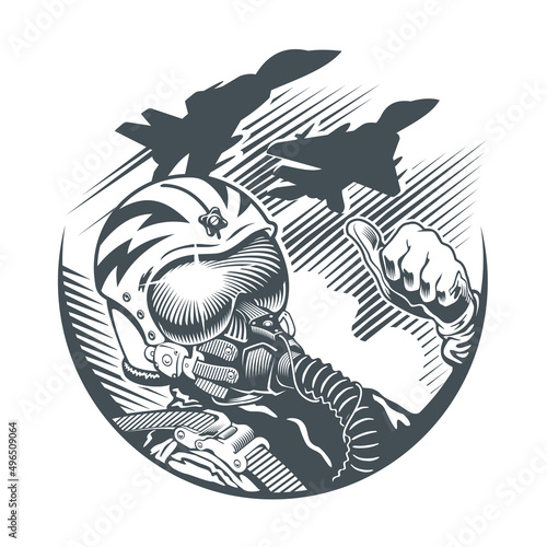 Fighter Pilot sitting in cockpit and two jet fighters. Emblem, t-shirt design. Monochrome or black and white vector illustration.