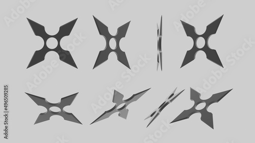 Fotografi 3D rendering illustration of shuriken ninja stars for web and print template