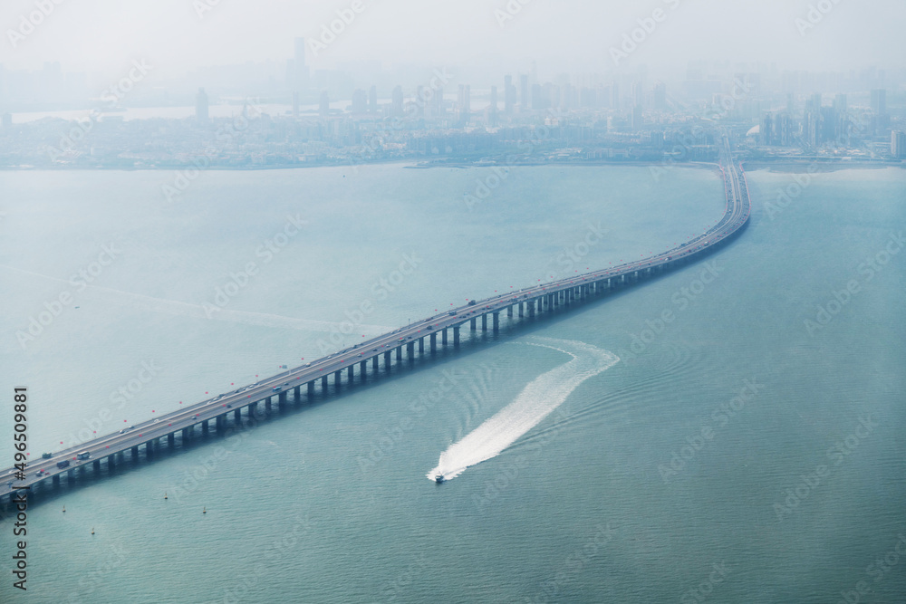 Aerial view of the bridge cross the island and land Aerial view of the bridge cross the island and land