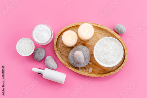 White packaging for cosmetic products, flatlay. Makeup white cosmetic