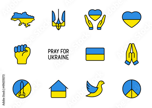pray for Ukraine blue and yellow outline filled icons. i stand with Ukraine. peace for Ukraine. stop war in Ukraine