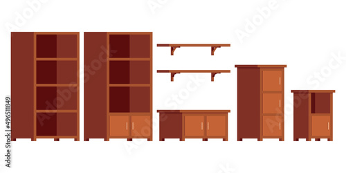 Set of empty wooden furniture for office or home. Vector illustration in a flat style on a white background.