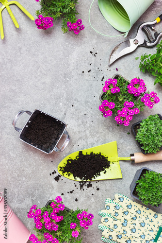 Garden tools, pots and flowers on a gray stone table