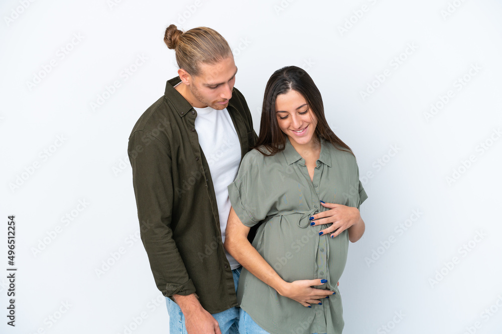 Young caucasian couple isolated on white background pregnant Young caucasian couple isolated on white background pregnant