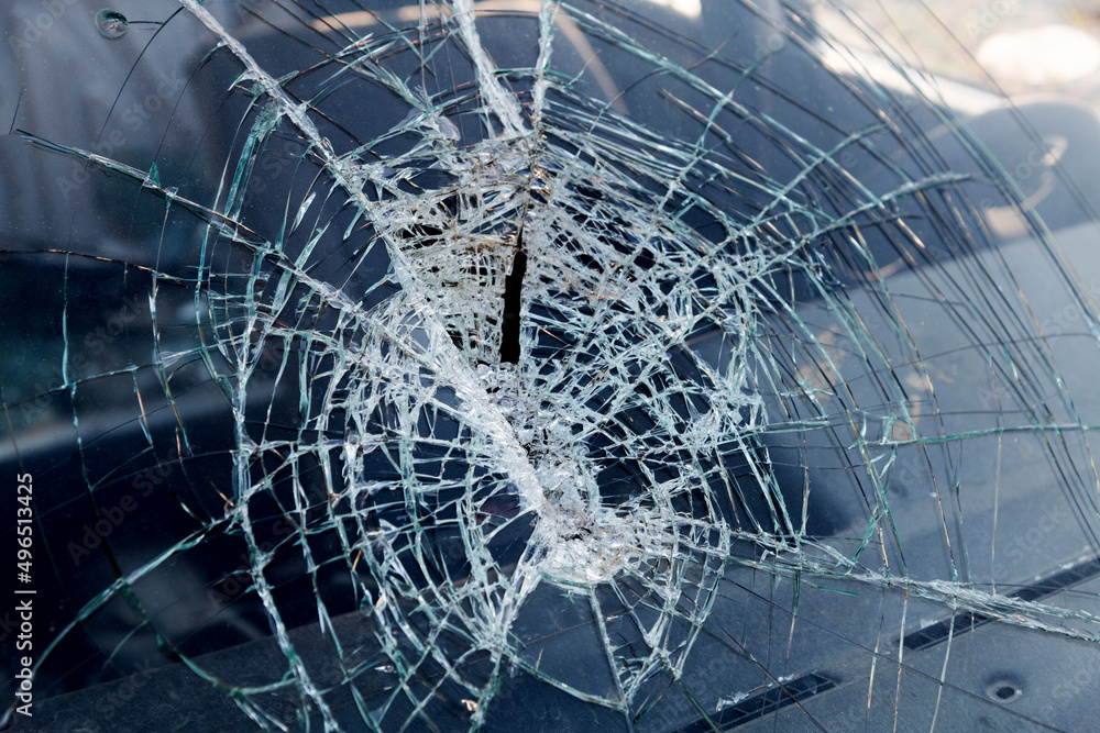 Close up of broken car windshield - obrazy, fototapety, plakaty 
