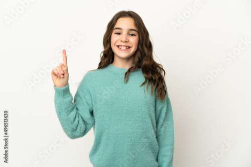 Little caucasian girl isolated on white background showing and lifting a finger in sign of the best © luismolinero