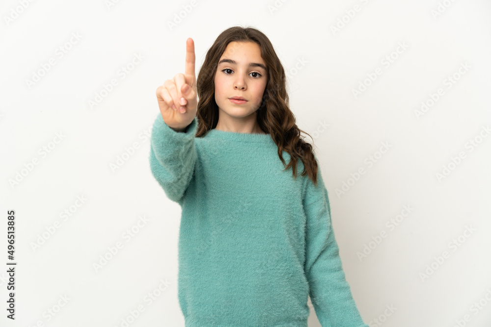 Little caucasian girl isolated on white background counting one with serious expression Little caucasian girl isolated on white background counting one with serious expression