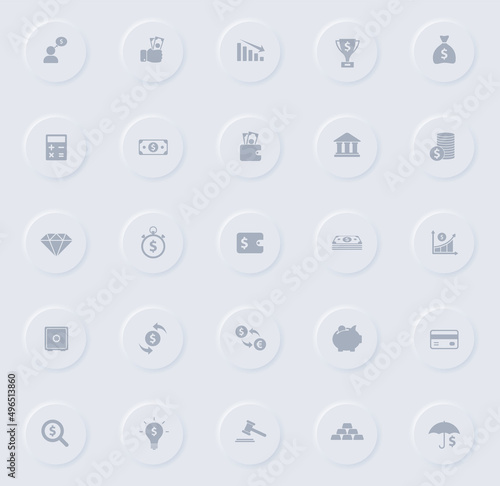finance gray vector icons on round rubber buttons. finance icon set for web, mobile apps, ui design and promo business polygraphy