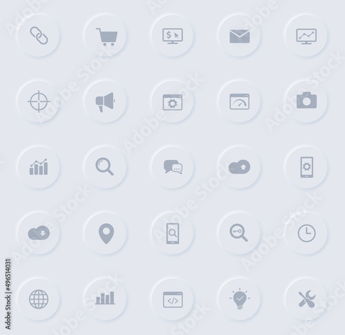 seo gray vector icons on round rubber buttons. seo icon set for web, mobile apps, ui design and promo business polygraphy
