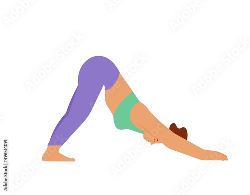 Slika na platnu Woman practicing yoga, downward facing dog pose, adho mukha svanasana
