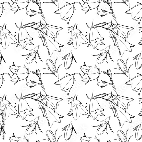 A set of seamless backgrounds with leaves, flowers and flower bud. Line drawing. Lines have different widths. Black white. Bellflower, vector grafic