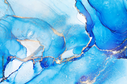 Cyan blue liquid watercolor background with golden stains. Teal turquoise marble alcohol ink drawing effect. Vector illustration design template for wedding invitation, menu, rsvp