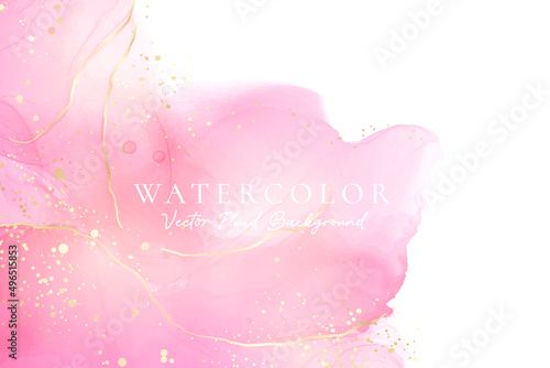 Rose pink liquid watercolor background with golden dots. Dusty blush marble alcohol ink drawing effect. Vector illustration design template for wedding invitation, menu, rsvp