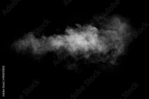 Swirling, wriggling smoke, steam, isolated on a black background for overlaying on your photos. Fragment of horizontal steam © Alena