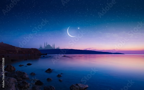 Ramadan religious background with bright crescent  stars and mosque reflected in serene sea. Month of Ramadan is that in which was revealed Quran.