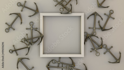 Mockup of frame with anchors background, blank copy space to insert text. Scene template for advertising and presentation, nautical concept, 3D illustration
