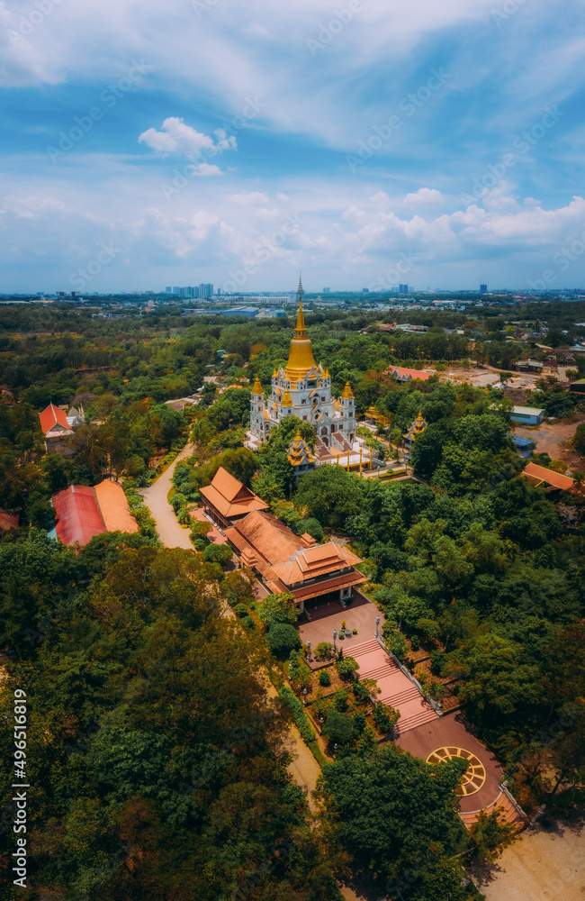 Aerial view of Buu Long Pagoda in Ho Chi Minh City. A beautiful buddhist temple hidden away in Ho Chi Minh City at Vietnam.