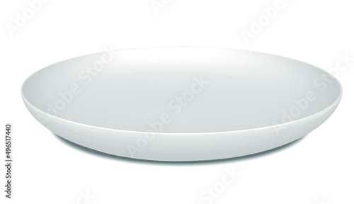 Realistic vector 3d illustration of white empty ceramic plate, template for your design. Front view, closeup isolated on white background. 
