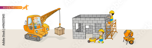 Construction crane mortar machine ladder woman man wheelbarrow cartoon vector set