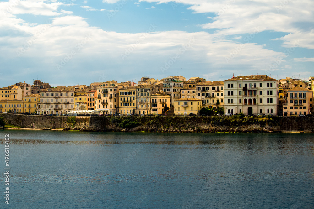 corfu city port and houses view from ship greece corfu city port and houses view from ship greece