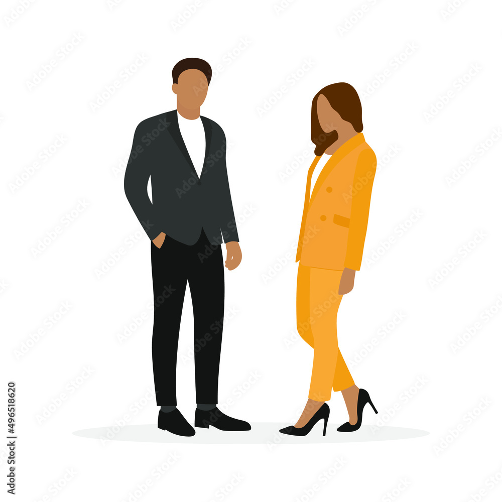Male character and female character in business clothes stand together on a white background Male character and female character in business clothes stand together on a white background