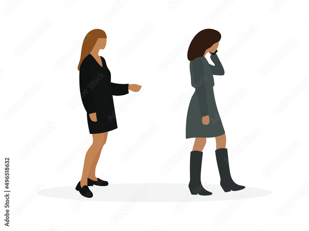 Two female characters, one of which is talking on the phone, together on a white background Two female characters, one of which is talking on the phone, together on a white background